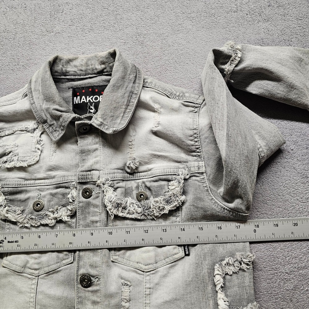 Makobi Distressed Denim Jacket Mens Small Gray Frayed Ripped Streetwear Trucker - Picture 4 of 13